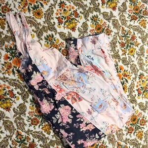 Free People Mixed Floral Patchwork Jumpsuit Pink Black Wide Leg Medium